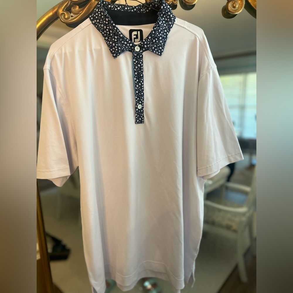 Men's Footjoy White Polo Shirt with Navy and White Microfloral Patterned Collar